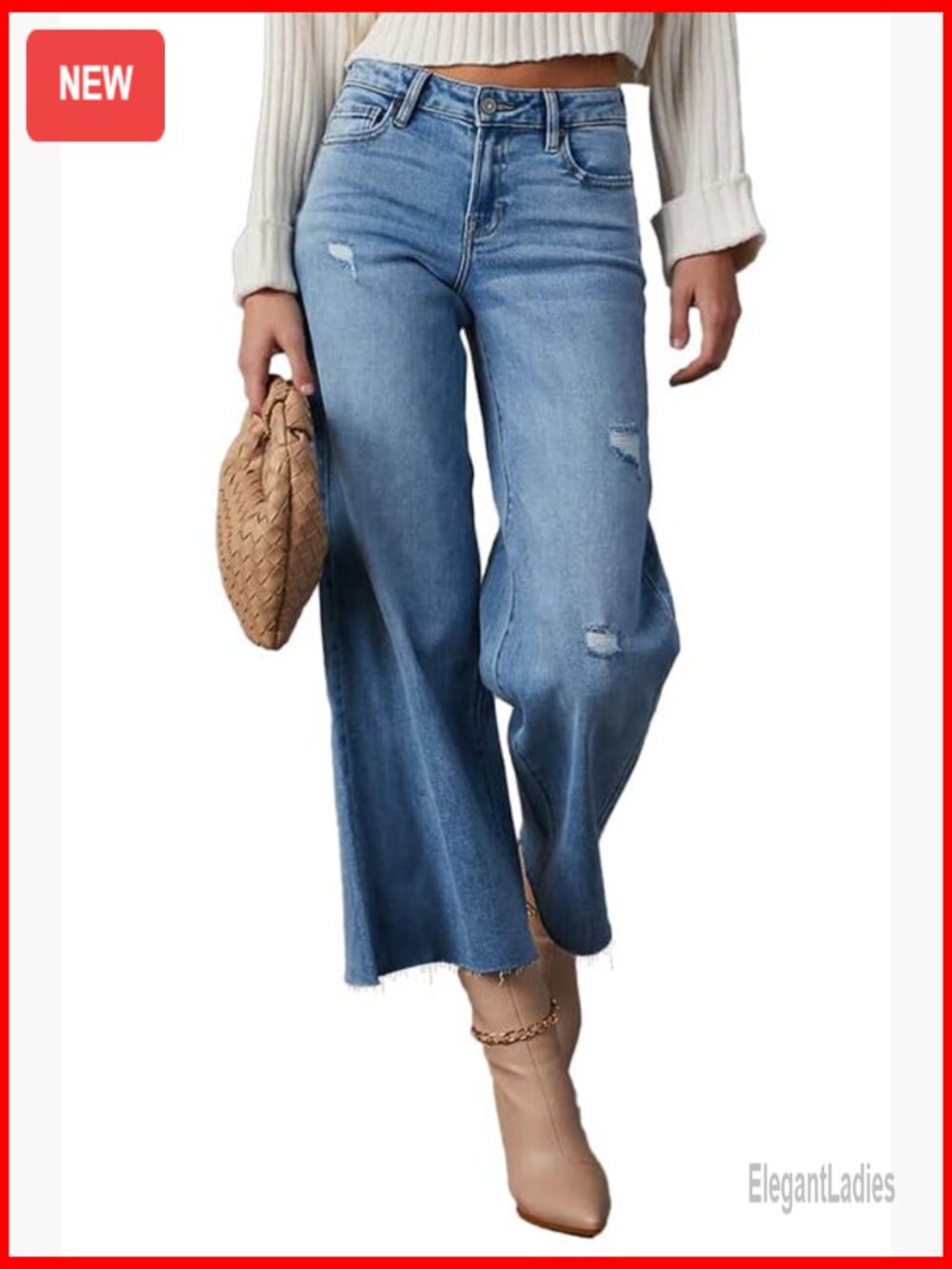 High Waisted Wide Leg Ripped Jeans Stretch Denim Ankle Pants - Picture 4 of 7